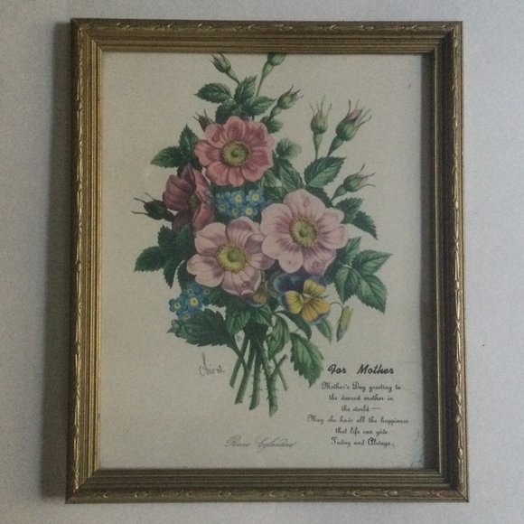 Vintage Chirat Botanical flowers lithography print for mother poem framed - Picture 1 of 6